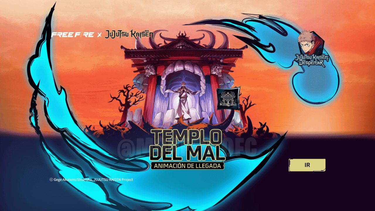 Imagem promocional da nova roda desvanecida em Free Fire, destacando o prêmio principal, o Malevolent Shrine. A personagem C