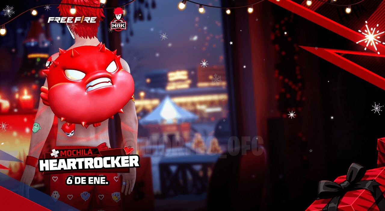 Imagem do evento de recompensas de Free Fire, destacando a mochila Heartrocker como prêmio. A mochila é exibida em um fundo