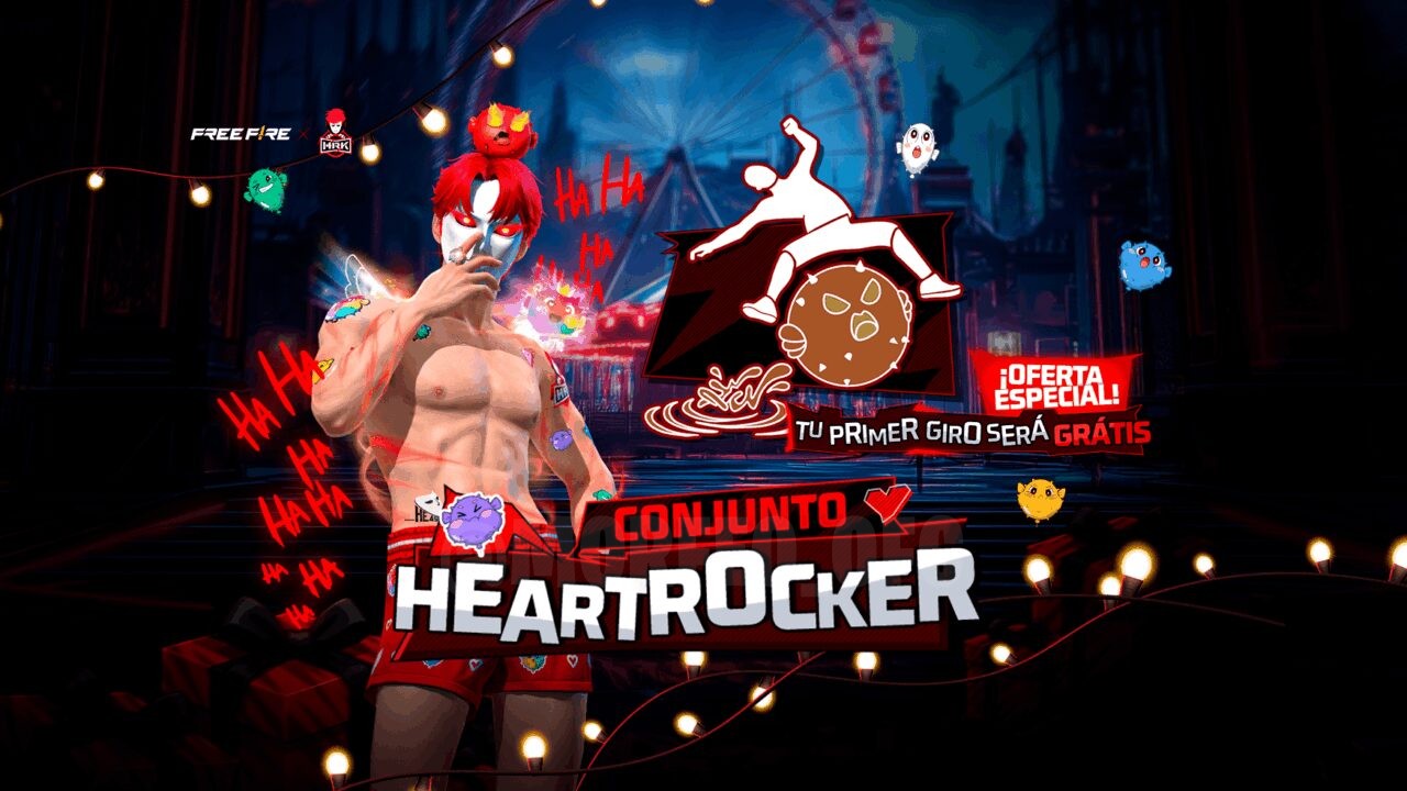 Imagem promocional do novo evento de anel em Free Fire, destacando como obter o pacote Heartrocker e o emote Puffer Ride. No