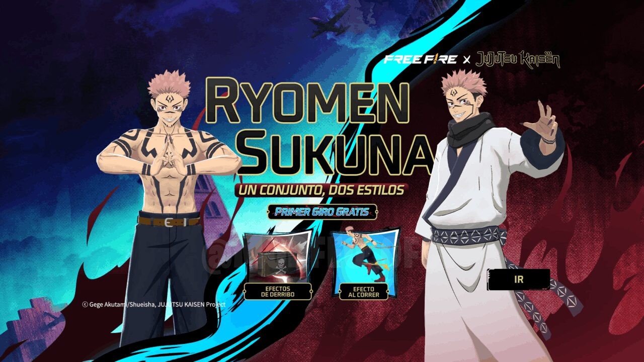 Imagem promocional do novo evento de anel em Free Fire, destacando como obter o pacote Ryomen Sukuna e o Token Universal de J