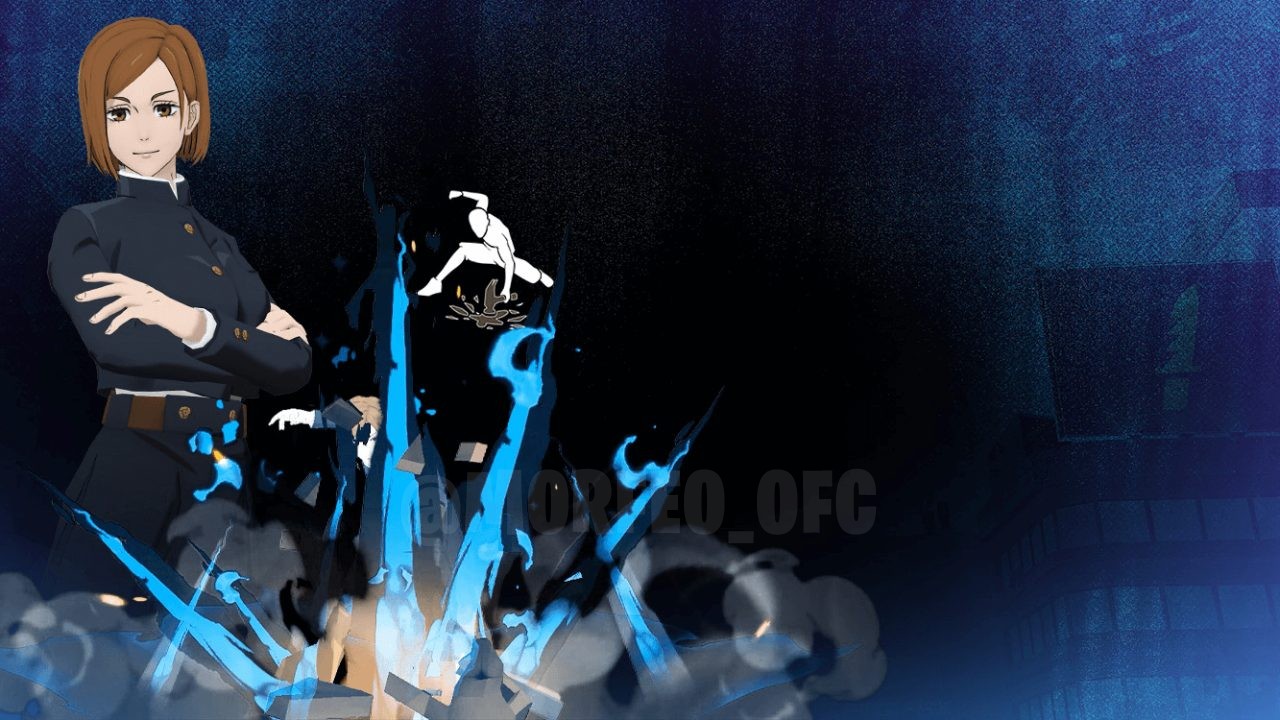 Close-up do conjunto Nobara Kugisaki disponível na nova loja misteriosa de Free Fire. A imagem foca nos detalhes do traje, mostrando a roupa de combate estilizada e os acessórios característicos de Nobara. O fundo é minimalista, permitindo que os detalhes do conjunto se destaquem. A paleta de cores é harmoniosa, com tons de preto, vermelho e bege, refletindo a personalidade forte do personagem.