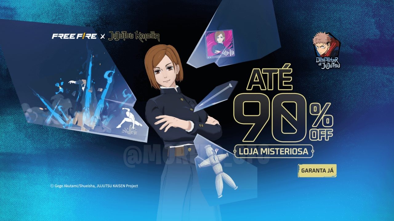 Imagem da nova loja misteriosa em Free Fire, destacando o conjunto de personagem Nobara Kugisaki. A interface da loja está e