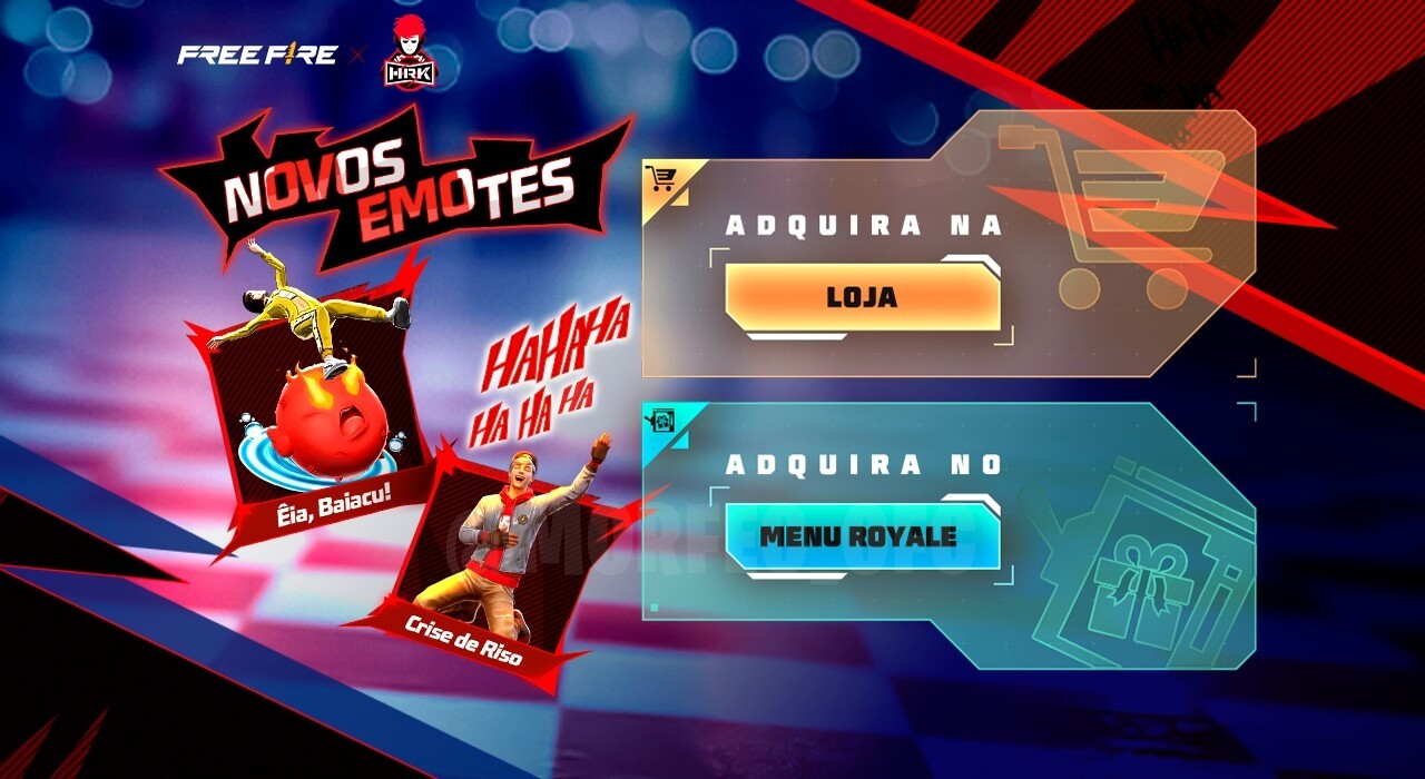 Imagem promocional do evento 'Arco do Destino' no Free Fire, destacando como obter o emote 'Eia, Baiacu' e o pacote de tokens