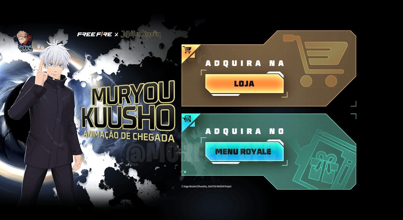 Imagem promocional do novo evento 'Escolha Royale' no Free Fire. No centro, destaca-se o personagem Muryou Kuusho, vestindo u
