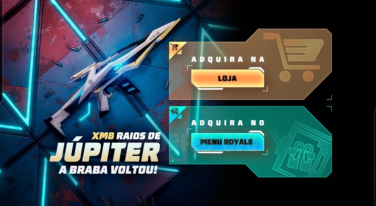 Imagem promocional do novo Escolha Royale no Free Fire, destacando a skin de arma XM8 'Raios de Júpiter' e a mochila 'Mochil