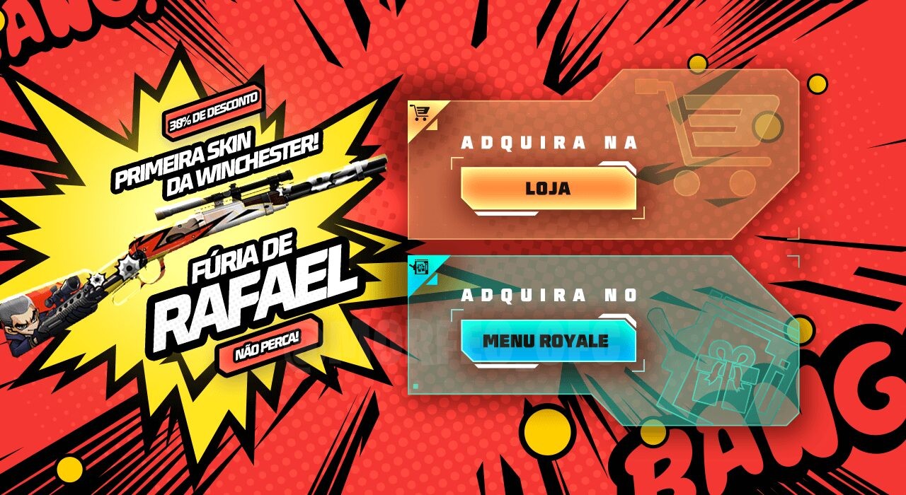 Imagem promocional do novo evento Escolha Royale no Free Fire, destacando como obter skins exclusivas de veículos. No centro