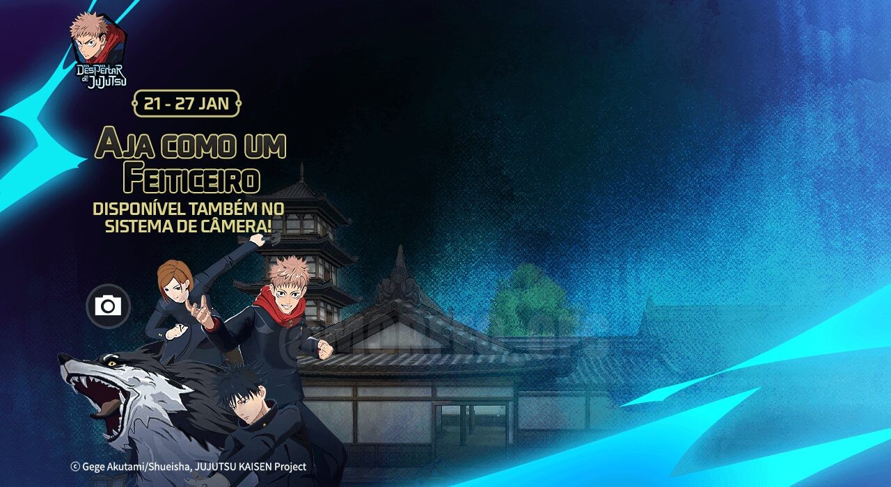 Imagem do novo evento 'Aja como um Feiticeiro' no Free Fire, inspirado no tema Fushiguro de Jujutsu Kaisen. O personagem prin