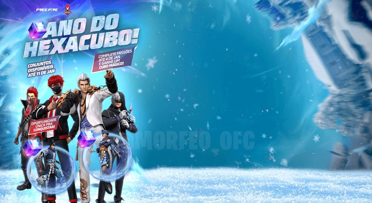 Imagem promocional do evento 'Ano do Hexacubo' no Free Fire. No centro, destaca-se um personagem vestindo o conjunto 'Guarda