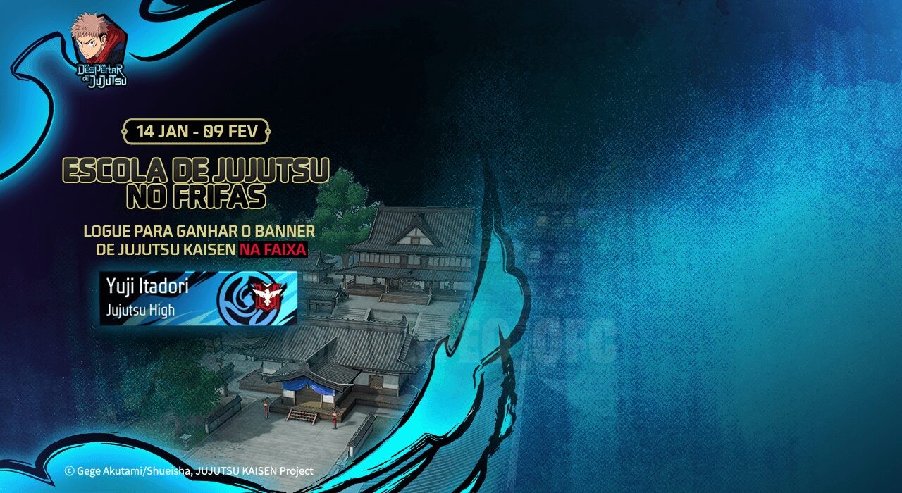 Imagem promocional do novo evento de Free Fire em parceria com Jujutsu Kaisen. O banner destaca personagens icônicos de ambo