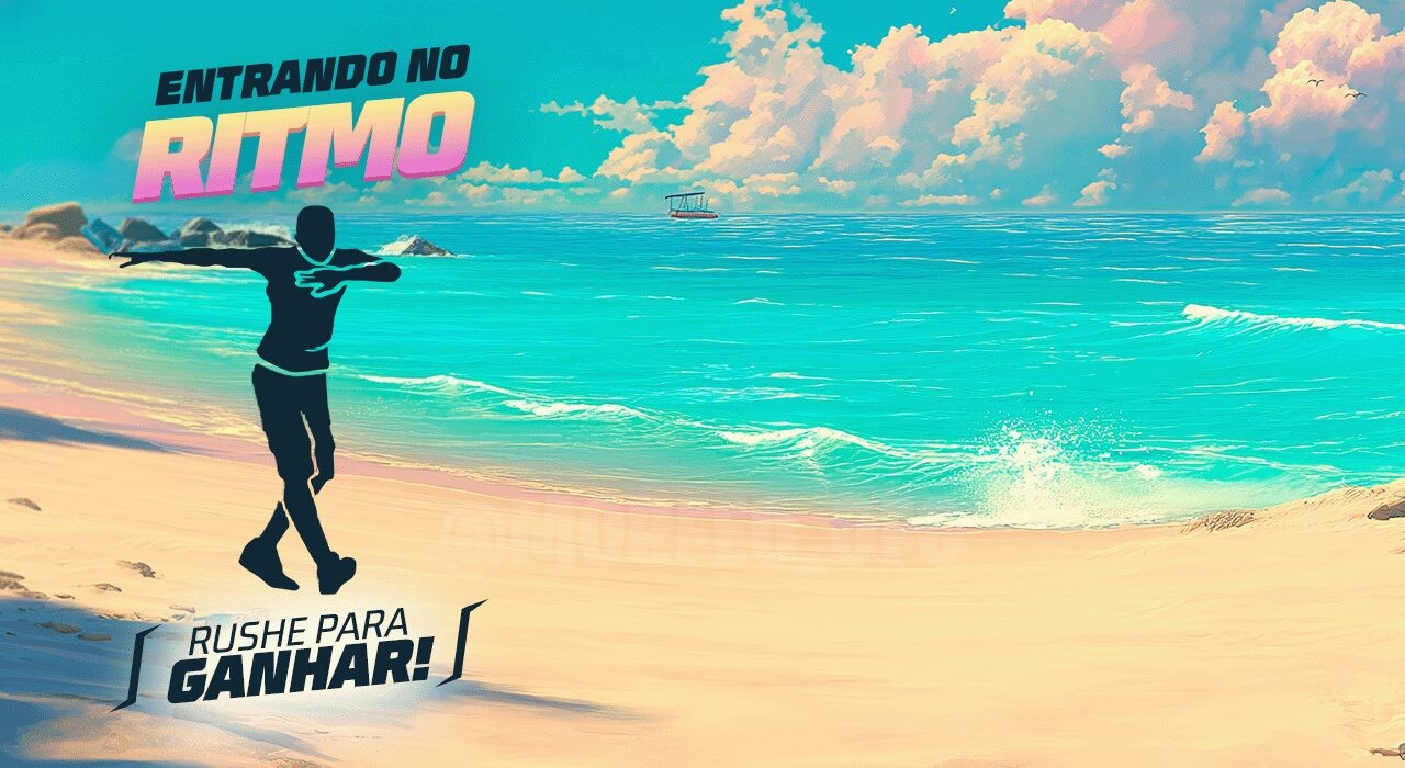 Imagem promocional do evento 'Entrando no Ritmo' no Free Fire. Destaca um personagem dançando com o novo emote 'Passinho da