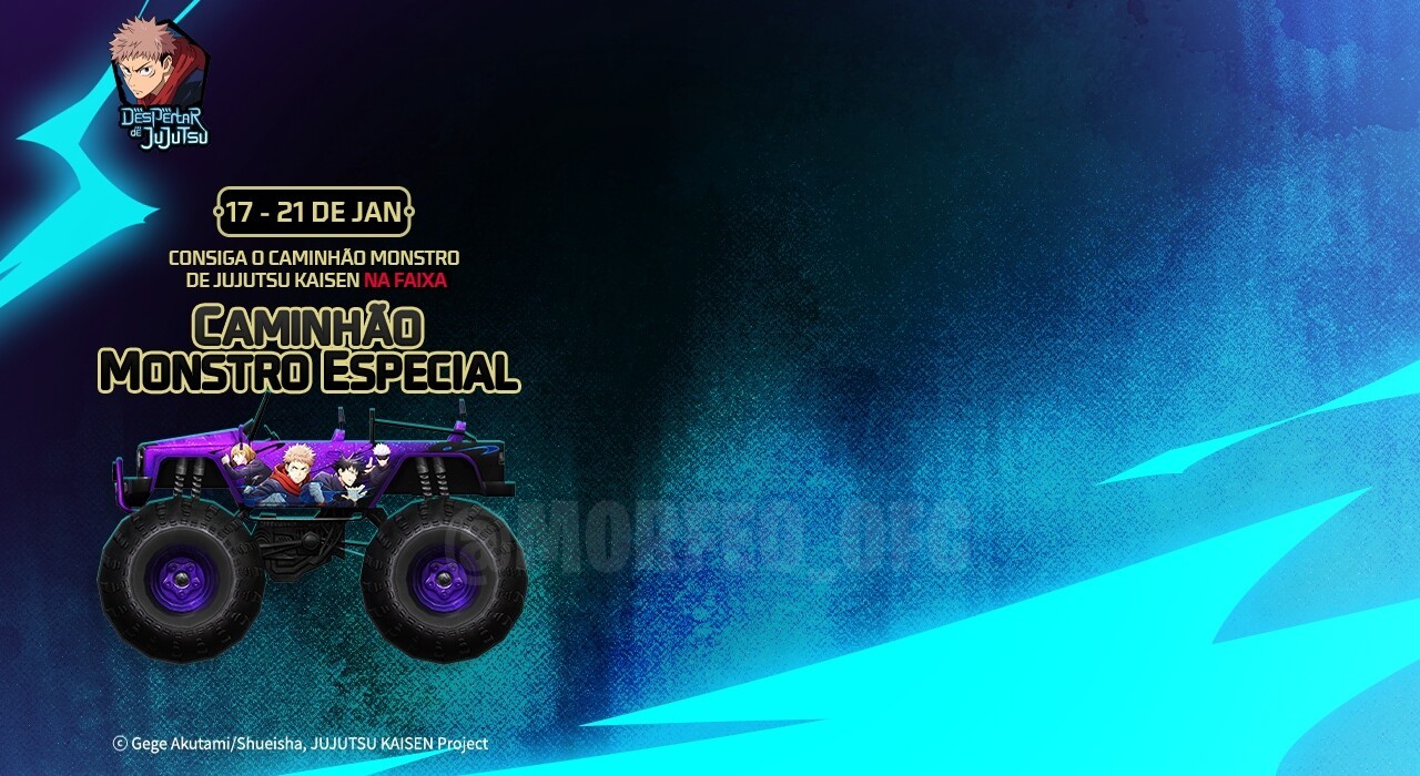 Imagem promocional do novo evento de Free Fire em colaboração com Jujutsu Kaisen. Destaca o caminhão monstro com a temáti