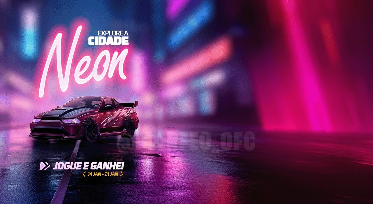 Imagem promocional do evento 'Explore a Cidade Neon' no Free Fire. No centro, destaca-se um carro esportivo com uma skin vibr