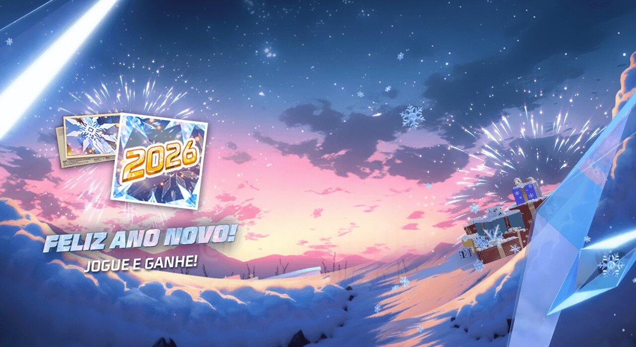 A imagem promove o evento 'Feliz Ano Novo' no Free Fire, destacando a oportunidade de ganhar o Pássaro de Argila Explosiva.