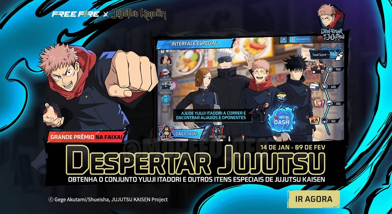 Imagem promocional do evento 'Gelin do Satoru' em Free Fire, destacando a parceria com Jujutsu Kaisen. No centro, vemos o per