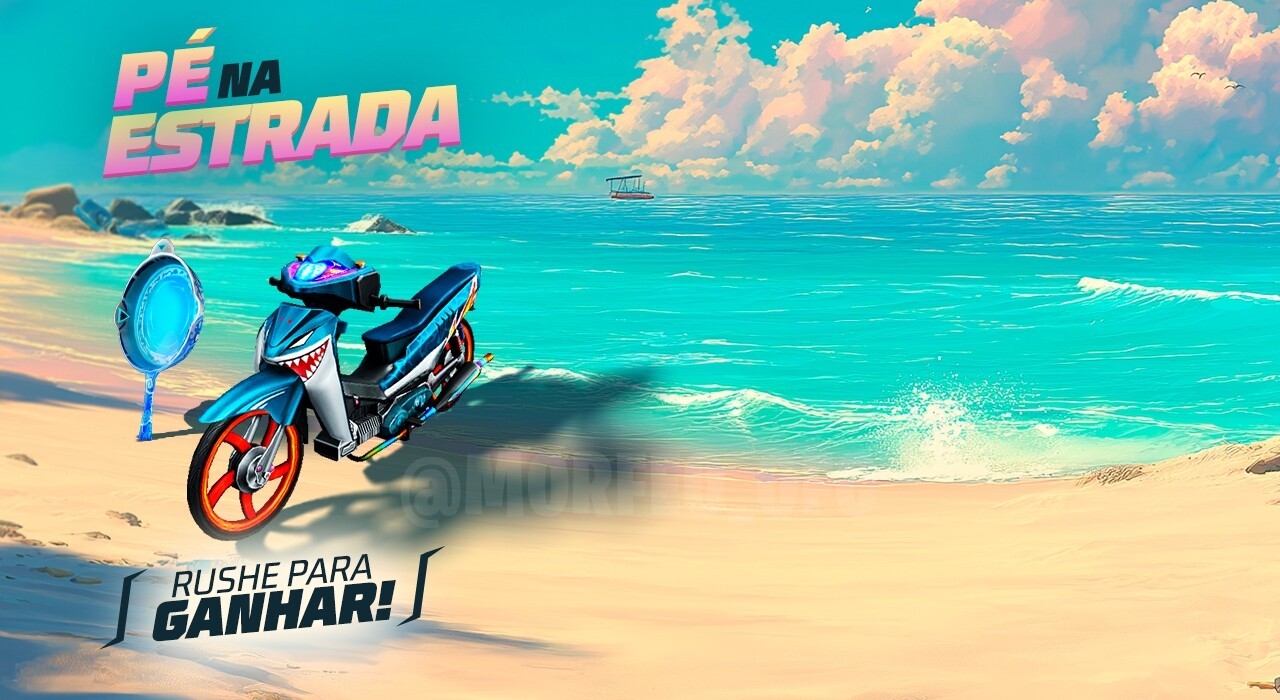 Imagem promocional do novo evento 'Pé na Estrada' no Free Fire, destacando a skin de arma 'Panela Ondas da Tsunami'. A image