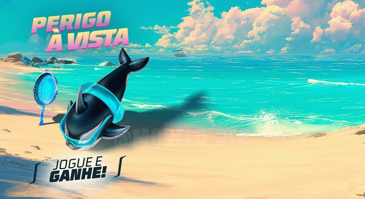 Imagem promocional do evento 'Perigo à Vista' no Free Fire. O fundo é um cenário tropical com palmeiras e água cristalina