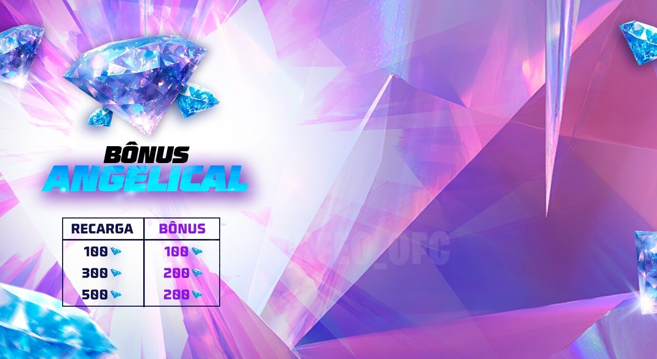 Imagem promocional do evento de recarga de diamantes no Free Fire, destacando o personagem Dimas. O fundo é vibrante, com co