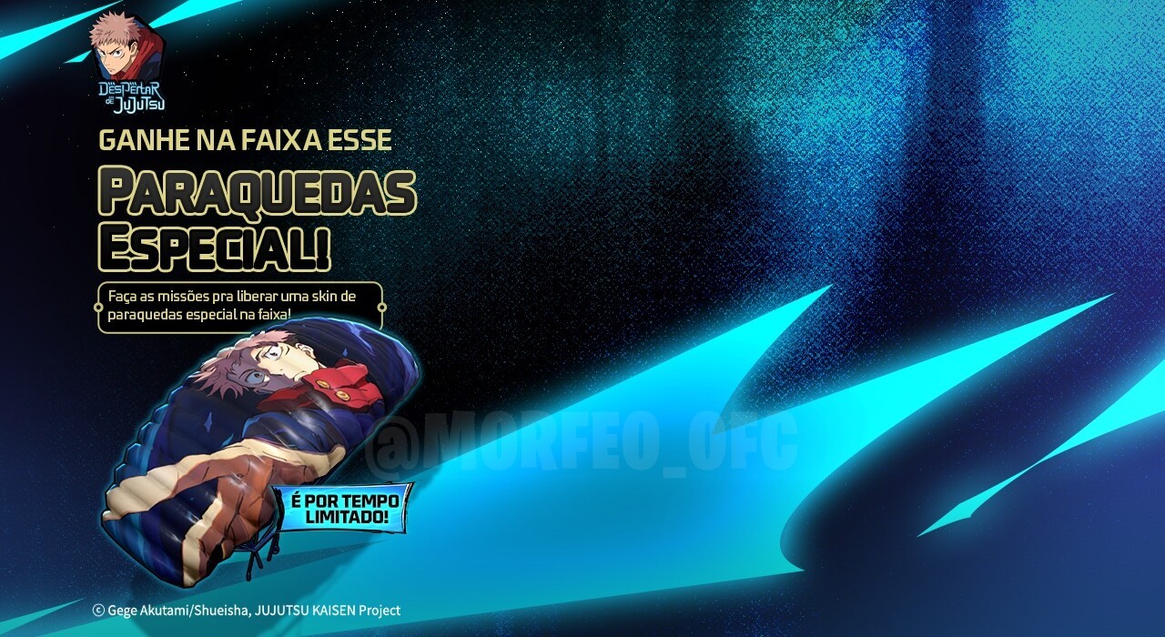 Imagem promocional do novo evento 'Seja um Feiticeiro' no Free Fire, inspirado no anime Jujutsu Kaisen. A imagem destaca dois