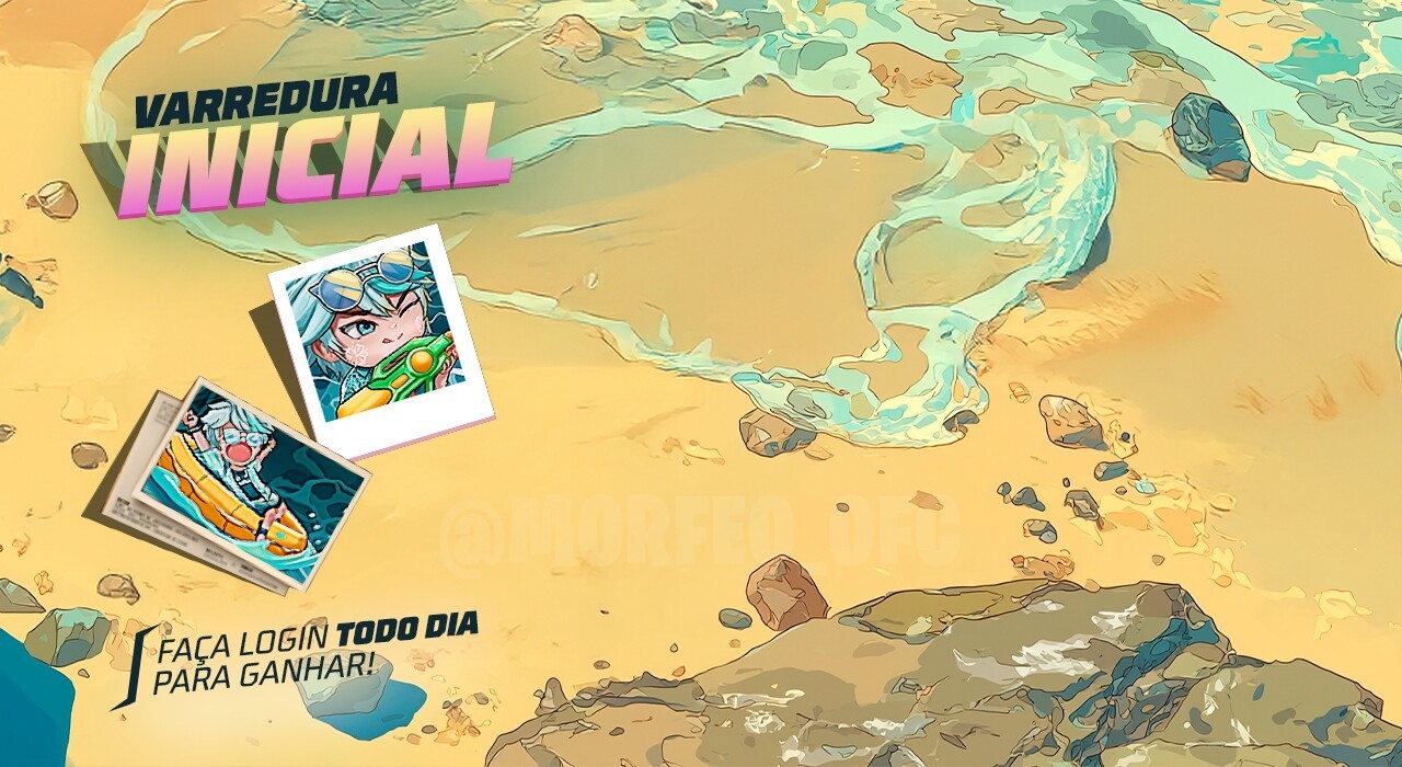 Imagem promocional do evento 'Varredura Inicial' em Free Fire, destacando o personagem Predador Praiano. O fundo é uma paisa