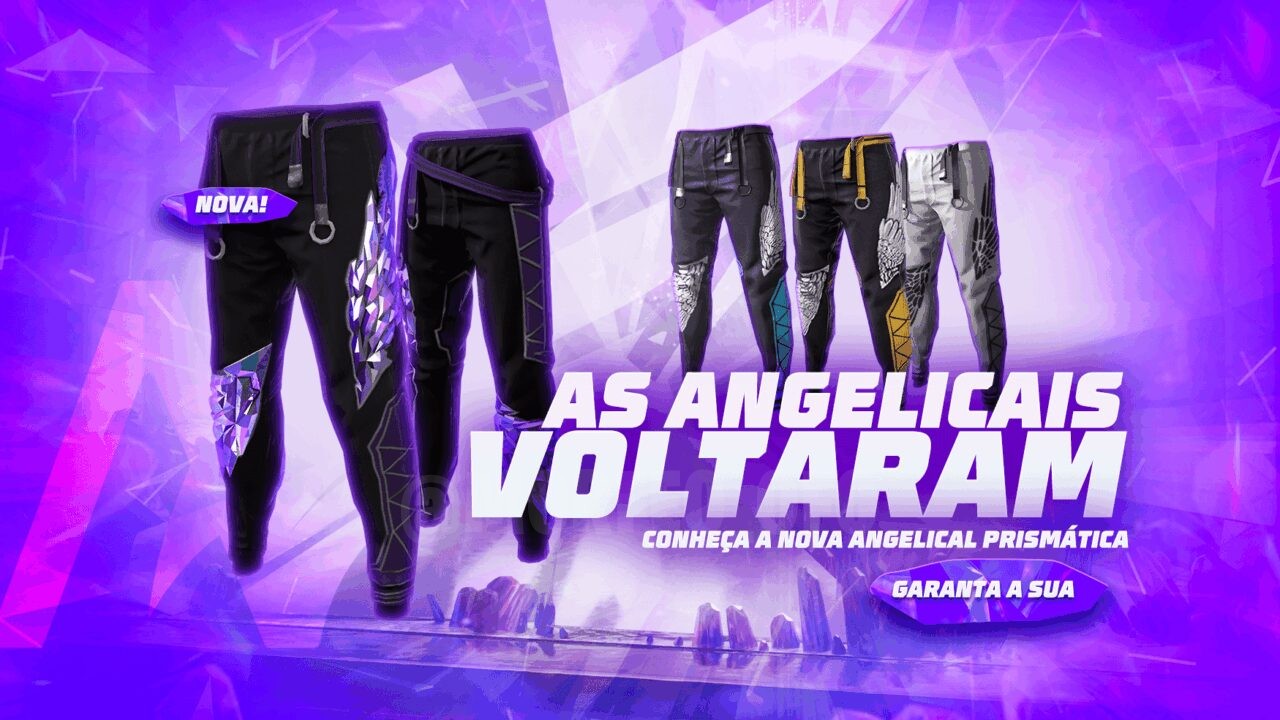 Imagem destacando o novo Token Royale no Free Fire, onde é possível obter a Calça Angelical Prismática e a Calça Angelic