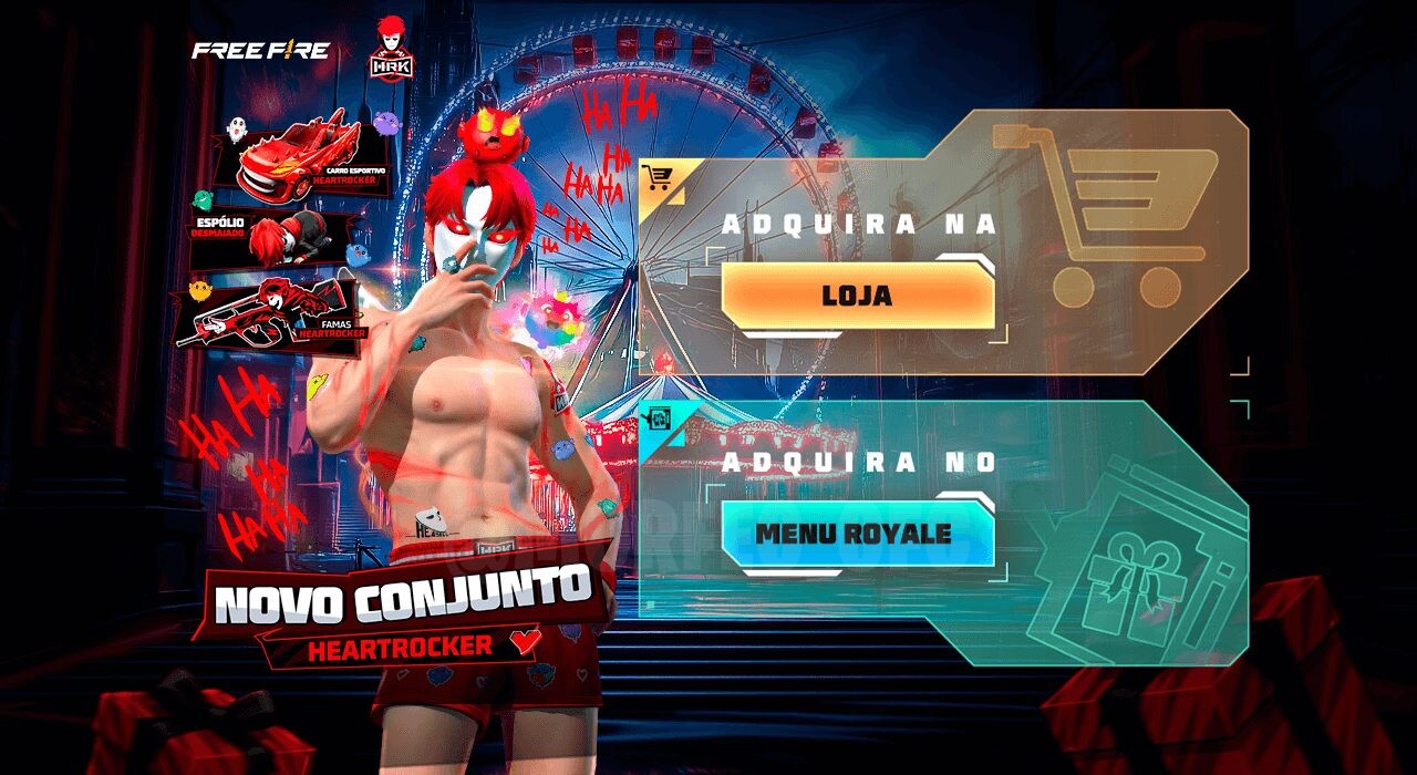 Imagem promocional do novo Token Royale no Free Fire, destacando o conjunto Heartrocker. O personagem está equipado com o tr