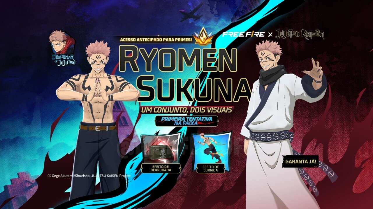 Imagem do novo Token Royale de Free Fire, destacando o conjunto Ryomen Sukuna. A imagem mostra um personagem do jogo vestindo