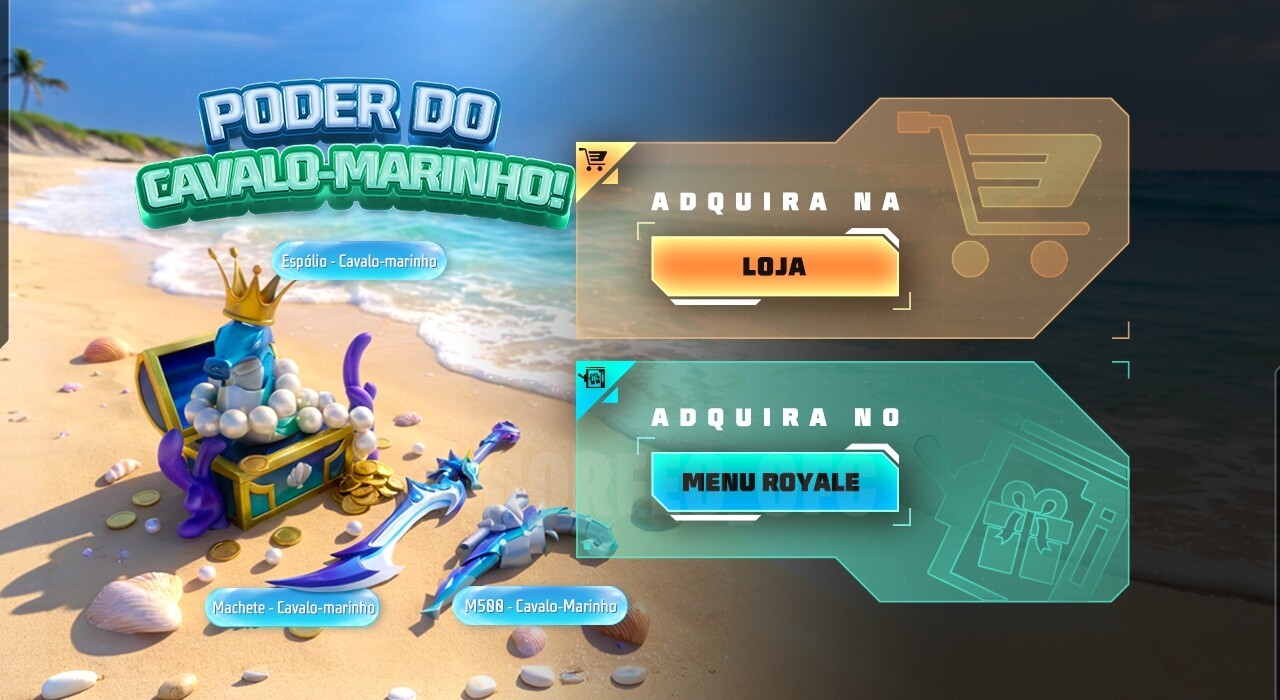Imagem promocional do novo Token Royale no Free Fire, destacando a skin de arma M500 Cavalo Marinho. A skin apresenta um desi