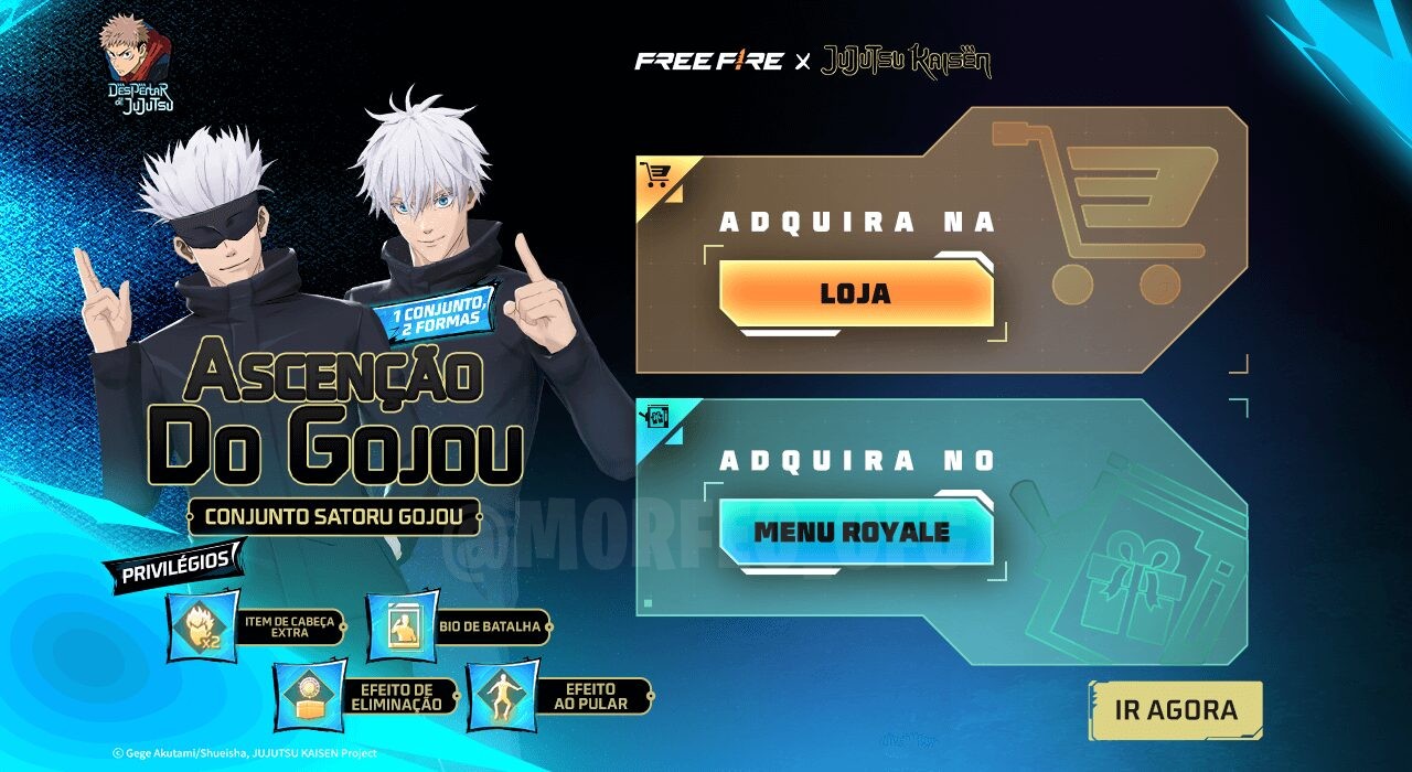 Imagem do novo evento 'Torre de Tokens' no Free Fire, destacando a interface de obtenção do Token Ascensão do Gojou. O fun