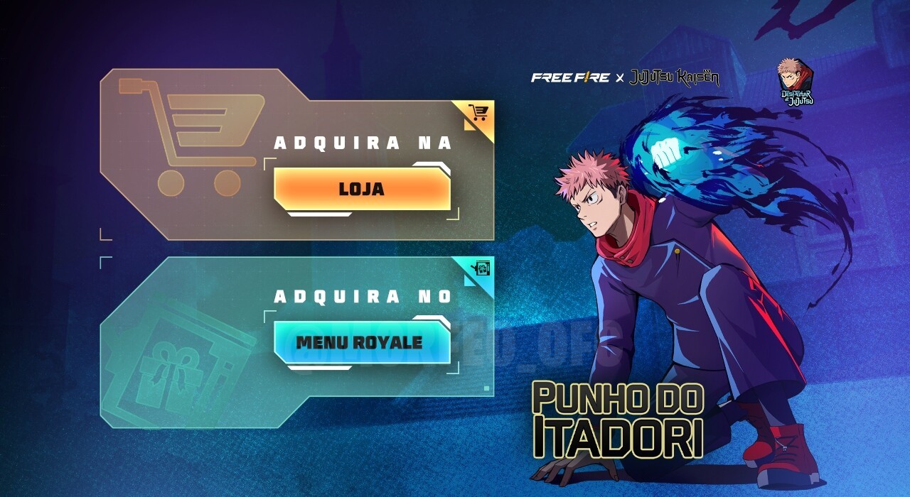 A imagem destaca a nova Torre de Tokens no Free Fire, onde os jogadores podem adquirir o Token Punho Divergente e a Skin de A