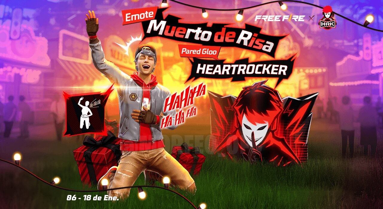 Imagem promocional do evento de Ano Novo de Free Fire, destacando o banner de fundo do personagem Heartrocker. A arte apresen