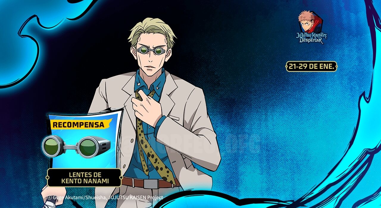 Imagem promocional do evento 'Visão Profissional' em Free Fire, destacando os novos óculos de Kento Nanami, personagem de J