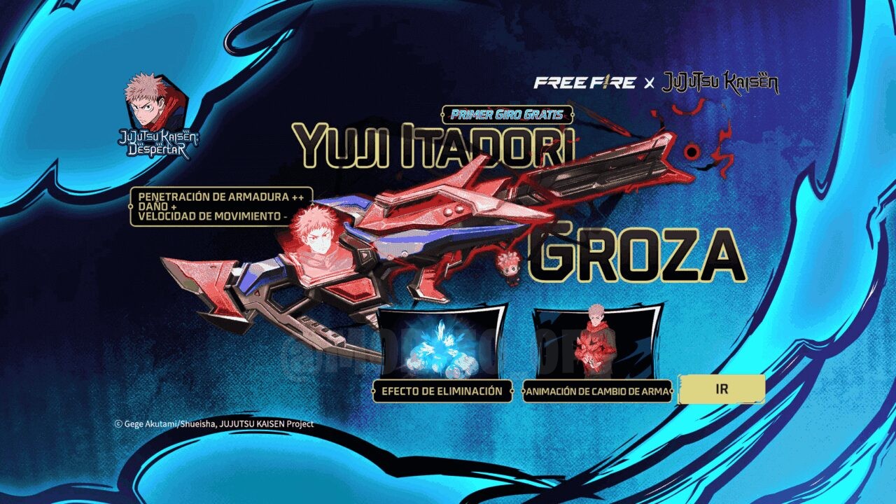 Esta imagem apresenta a interface da roleta de tokens de Free Fire, destacando a skin da arma Groza temática de Yuji Itadori