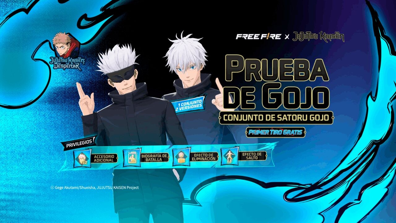 Imagem do evento 'Torre de Tokens' em Free Fire, onde os jogadores podem adquirir o Token de Prova de Gojo e o Conjunto de Sa