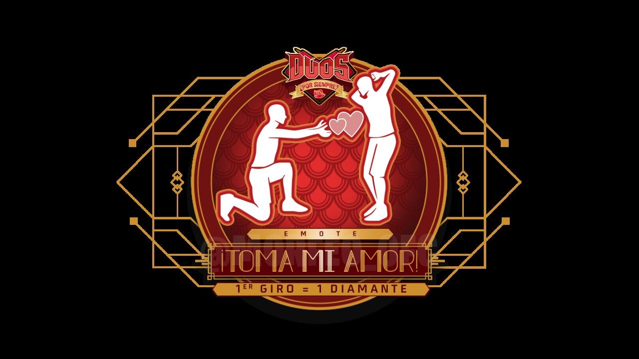 Na imagem, vemos a nova roda da sorte de Free Fire, destacando o emote 'Ataque Cardíaco' e o pacote 'Romance Escarlate'. O f