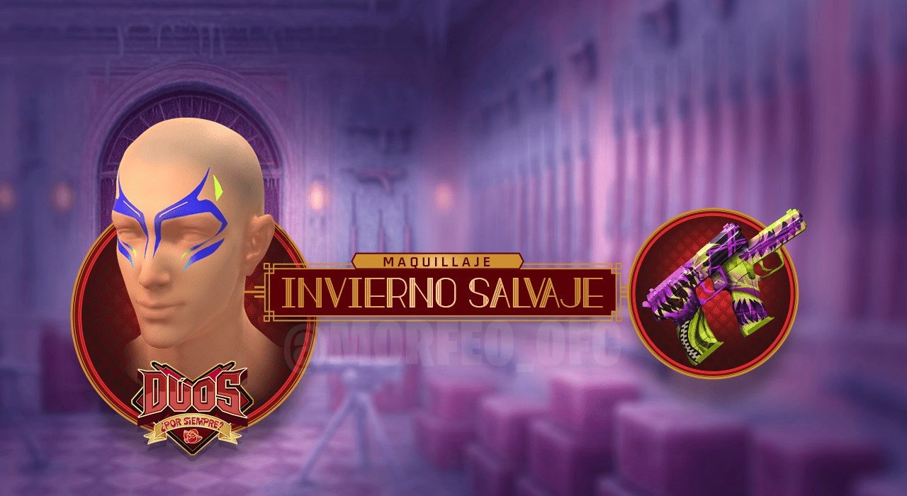 Imagem promocional do evento 'Máscara da Amizade' em Free Fire, destacando a máscara 'Frosty Furry'. A máscara é de cor a