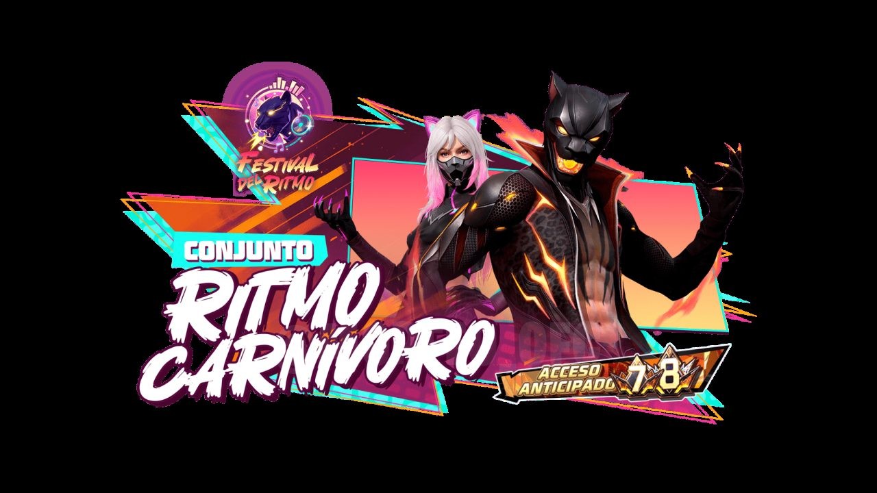 A imagem destaca um evento especial no Free Fire, focado em dois novos pacotes: Beat Beast e Beat Leopard. No centro, há uma