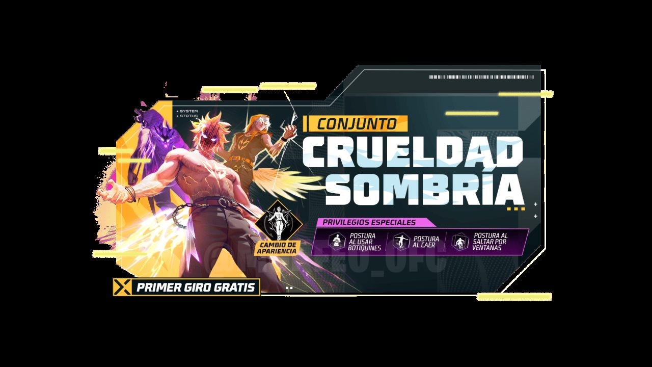 Na imagem, vemos o novo Token Tower em Free Fire, uma estrutura imponente com um design futurista. O cenário ao redor é ilu