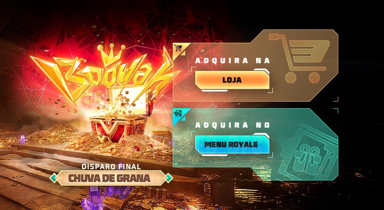 Imagem promocional do evento 'Escolha Royale' no Free Fire, destacando prêmios exclusivos. No centro, há uma skin de veícu