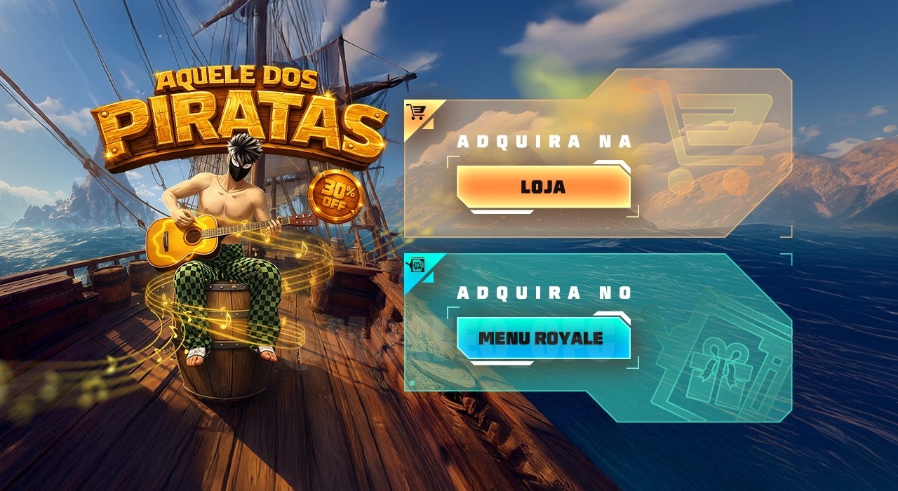 Imagem promocional do novo evento 'Escolha Royale' no Free Fire. No centro, destaca-se um personagem com um visual pirata, em