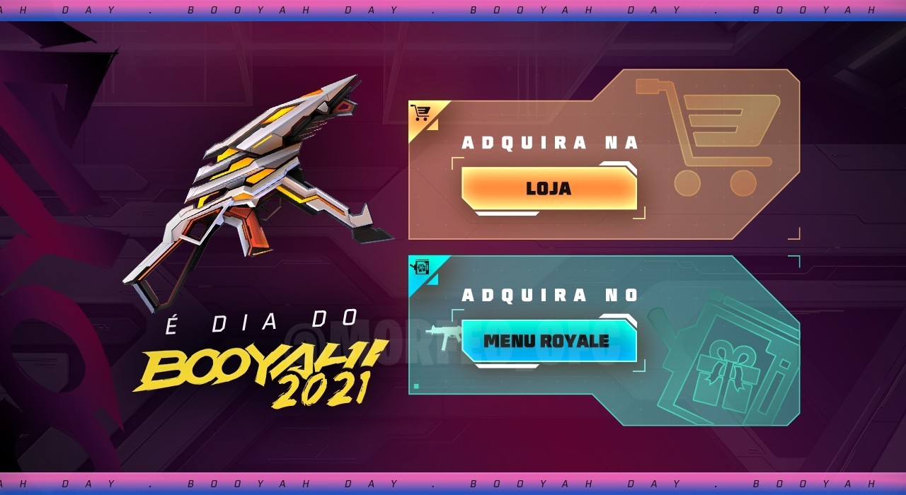 Imagem promocional do evento 'Escolha Royale' em Free Fire, destacando a skin de arma UMP 'Dia do Booyah 2021' e a mochila 'M
