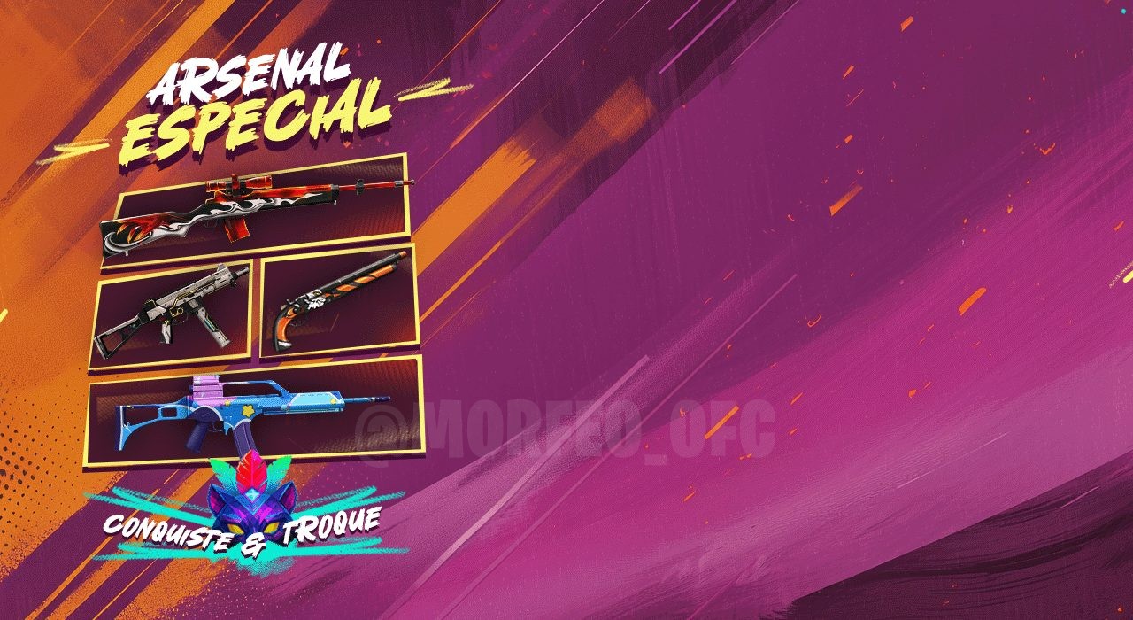 Imagem promocional do evento 'Arsenal Especial' no Free Fire. Destaca um personagem segurando uma arma especial, com um fundo