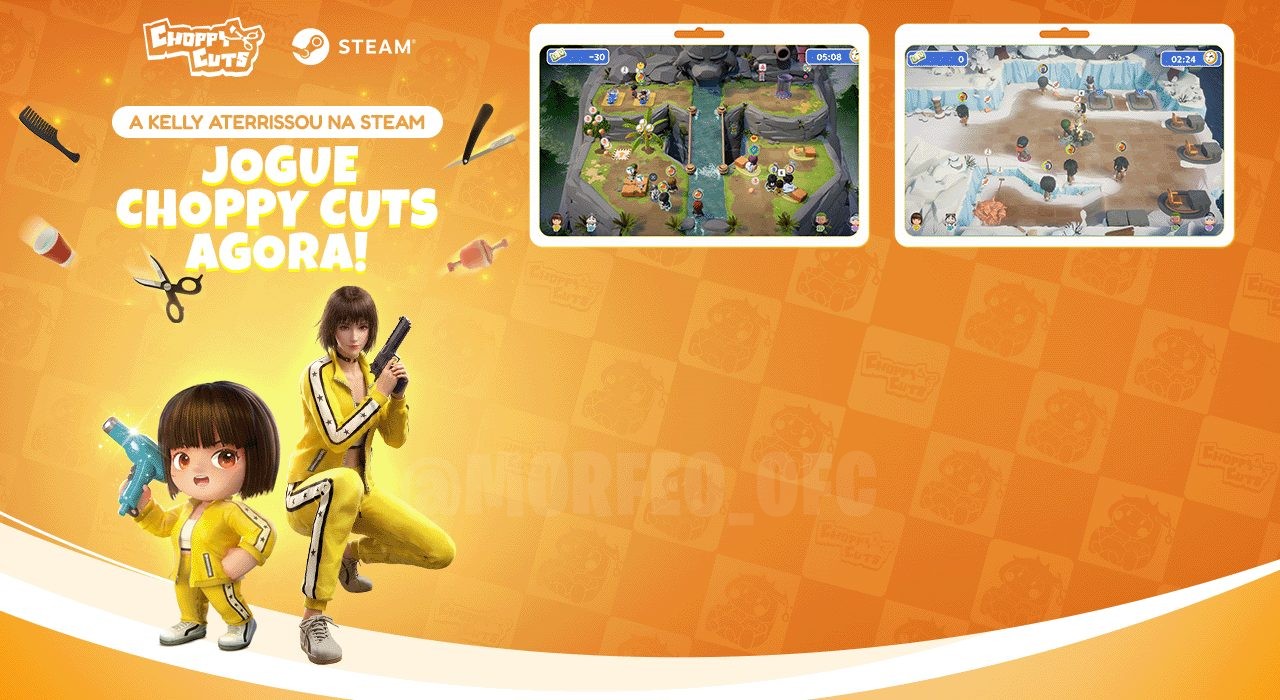 Imagem promocional do evento 'Choppy Cuts' no Free Fire, destacando uma skin de arma exclusiva. A skin em questão é um bast