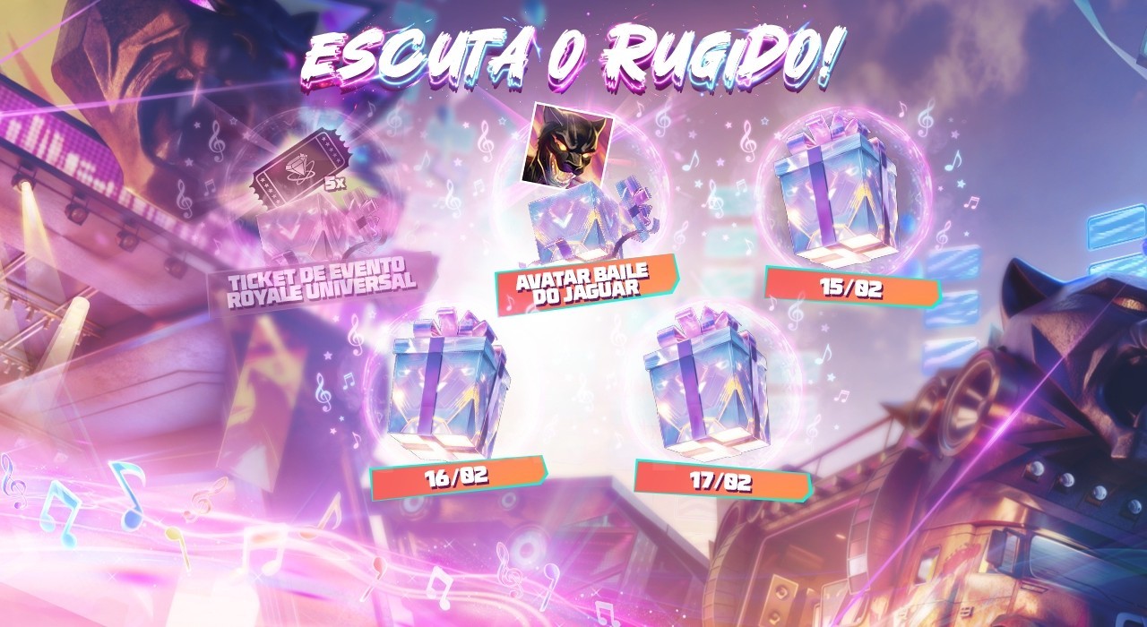Imagem promocional do evento 'Escuta o Rugido' no Free Fire, destacando o avatar exclusivo 'Baile do Jaguar'. O personagem es