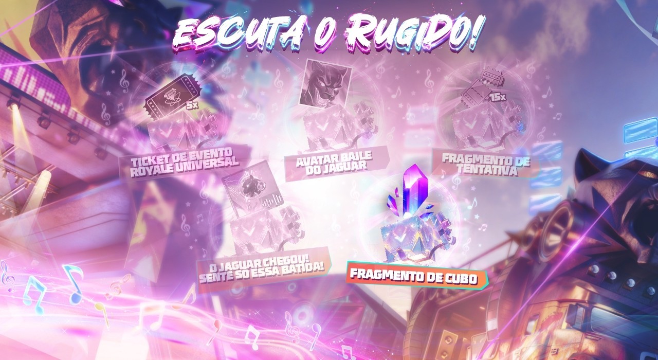 Imagem do evento 'Escuta o Rugido' no Free Fire, onde um personagem está em destaque com um fundo dinâmico e colorido, suge
