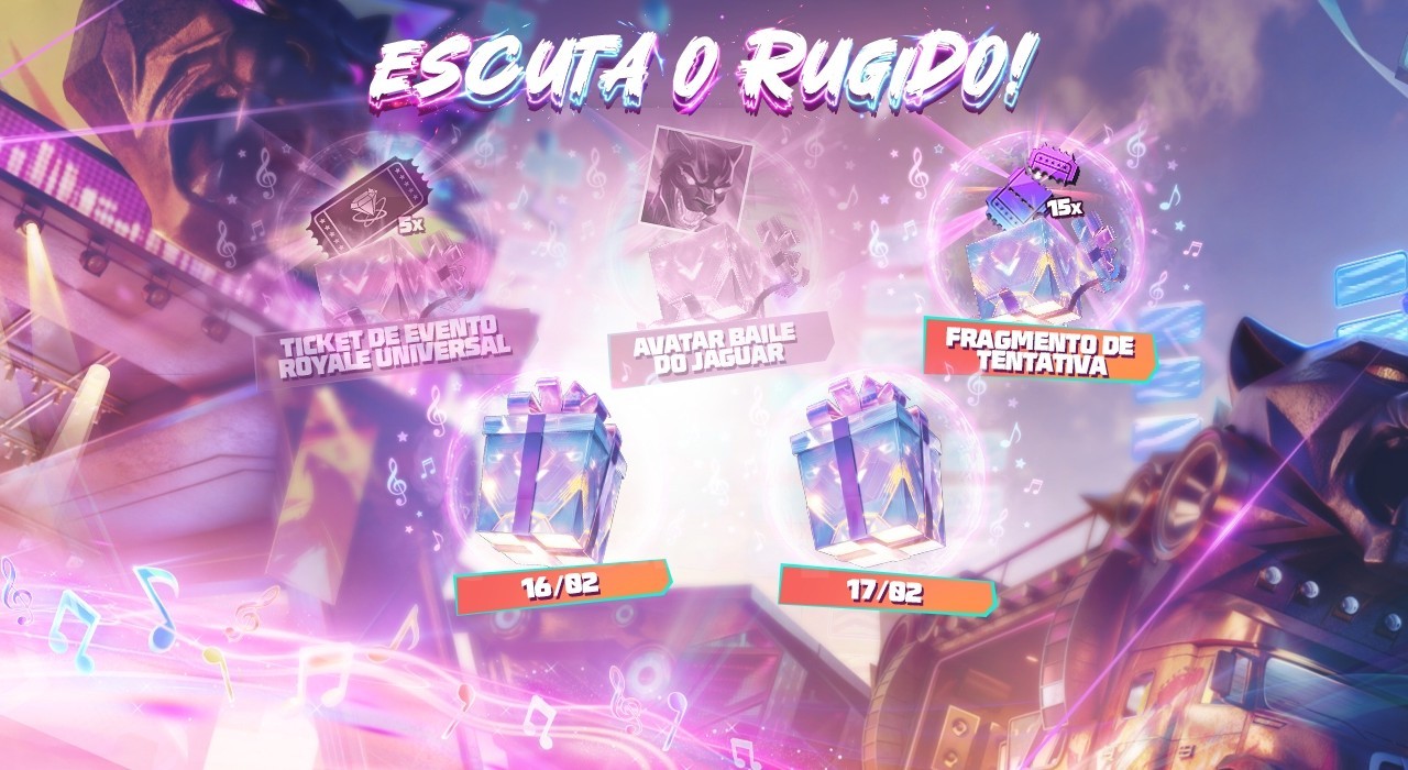 Imagem promocional do evento 'Escuta o Rugido' no Free Fire. Destaca um personagem em destaque, possivelmente um novo skin ou