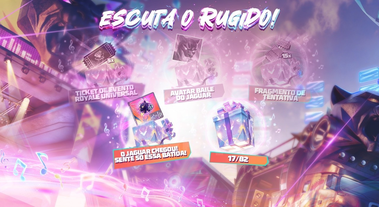 Imagem promocional do novo evento 'Escuta o Rugido' no Free Fire. No centro, destaca-se um personagem com um visual temático