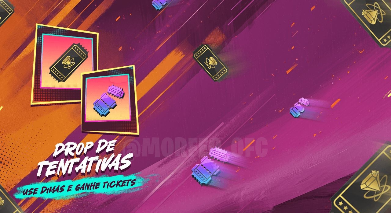 Imagem promocional do evento 'Gastou Ganhou' no Free Fire. No centro, há um ícone brilhante do Fragmento de Tentativa, rode