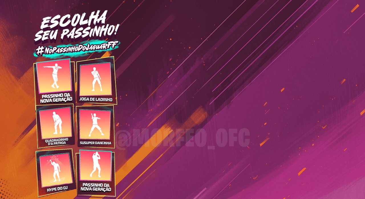 Imagem promocional do evento 'Manda o Passinho' no Free Fire. No centro, um personagem do jogo está em uma pose dinâmica, e