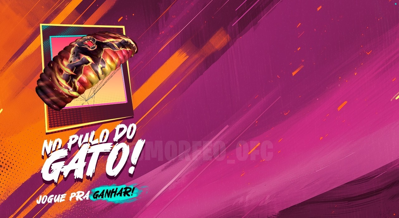 Imagem promocional do novo evento 'Pulo do Gato' em Free Fire. Destaca um personagem em pleno salto com um paraquedas estiliz