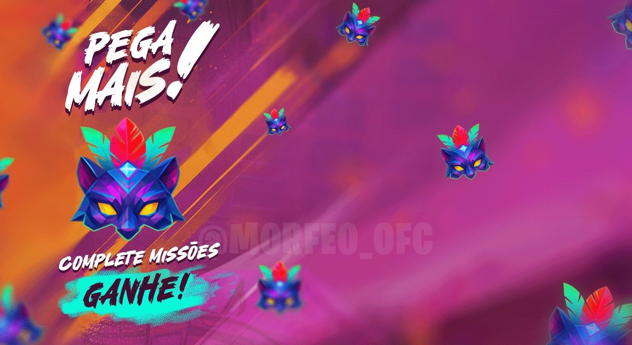 Imagem promocional do novo evento 'Pega Mais' no Free Fire. No centro, destaca-se um personagem segurando um token brilhante